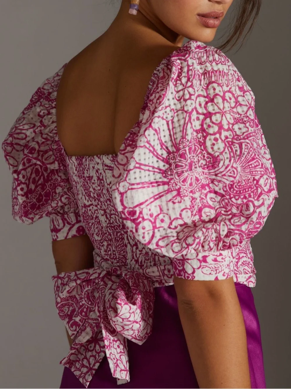 Anthropologie Maeve Pink & White Floral Puff-Sleeve Tie-Back Crop Blouse Top